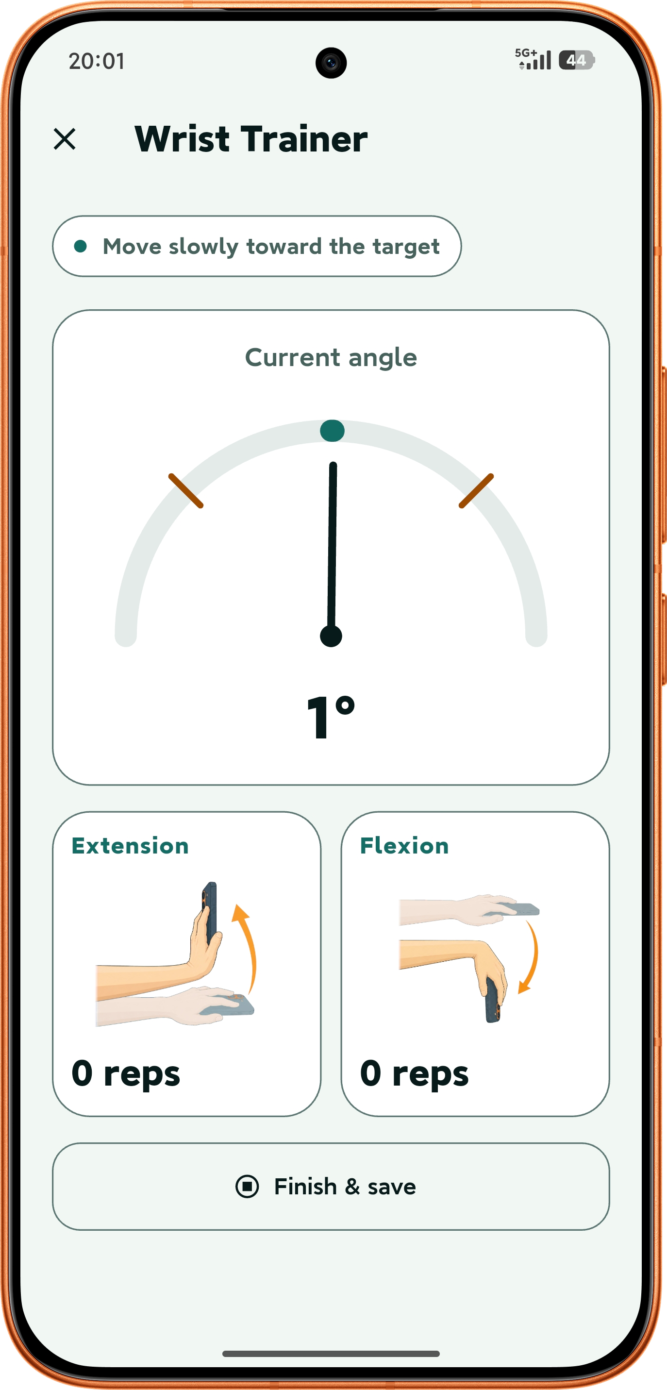 Wrist Trainer live training screen with the current rep count and a phone placement reminder