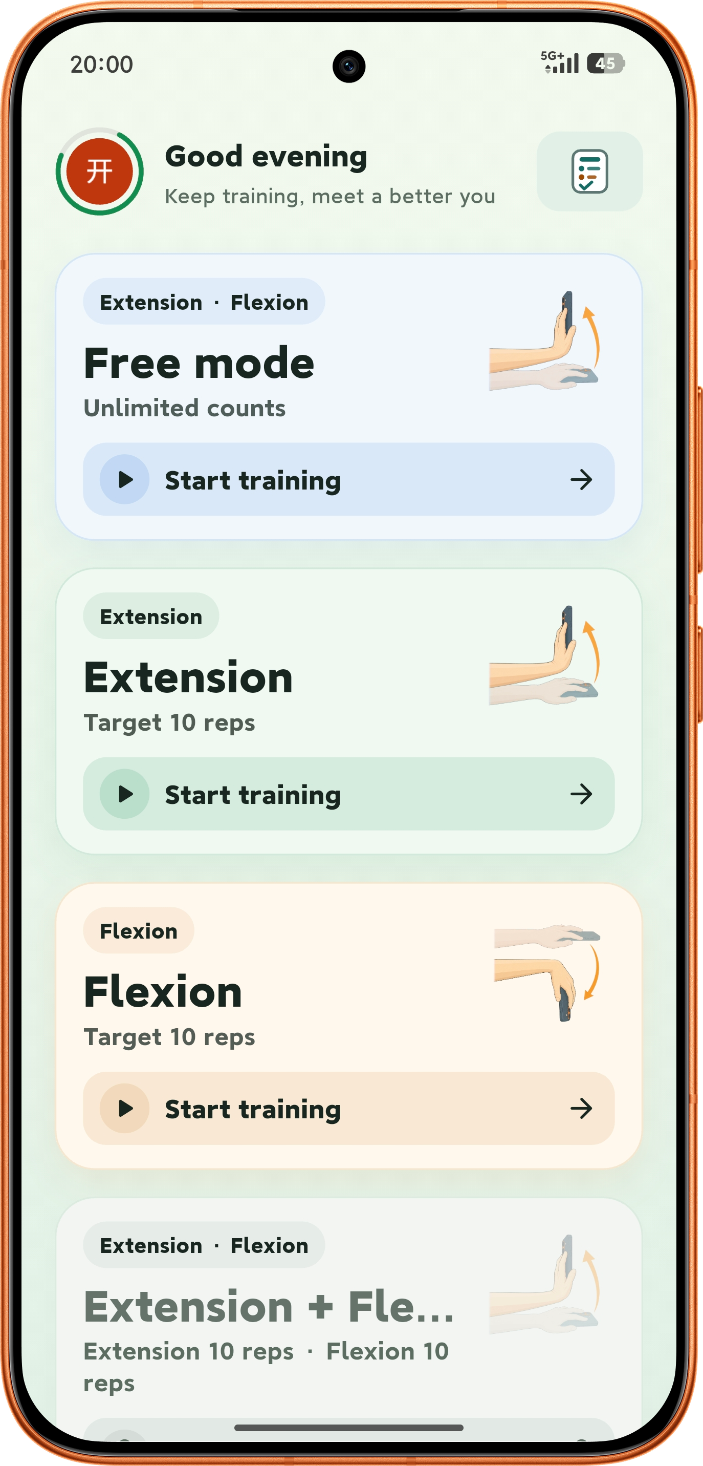 Wrist Trainer home screen with extension, flexion, and the Start training button