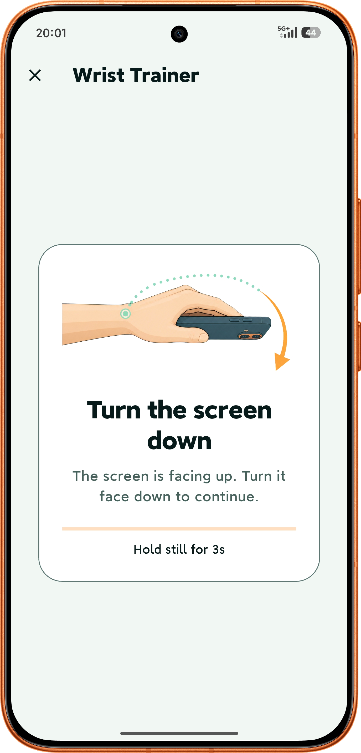 Wrist Trainer setup screen with the phone face down and a three-second calibration instruction