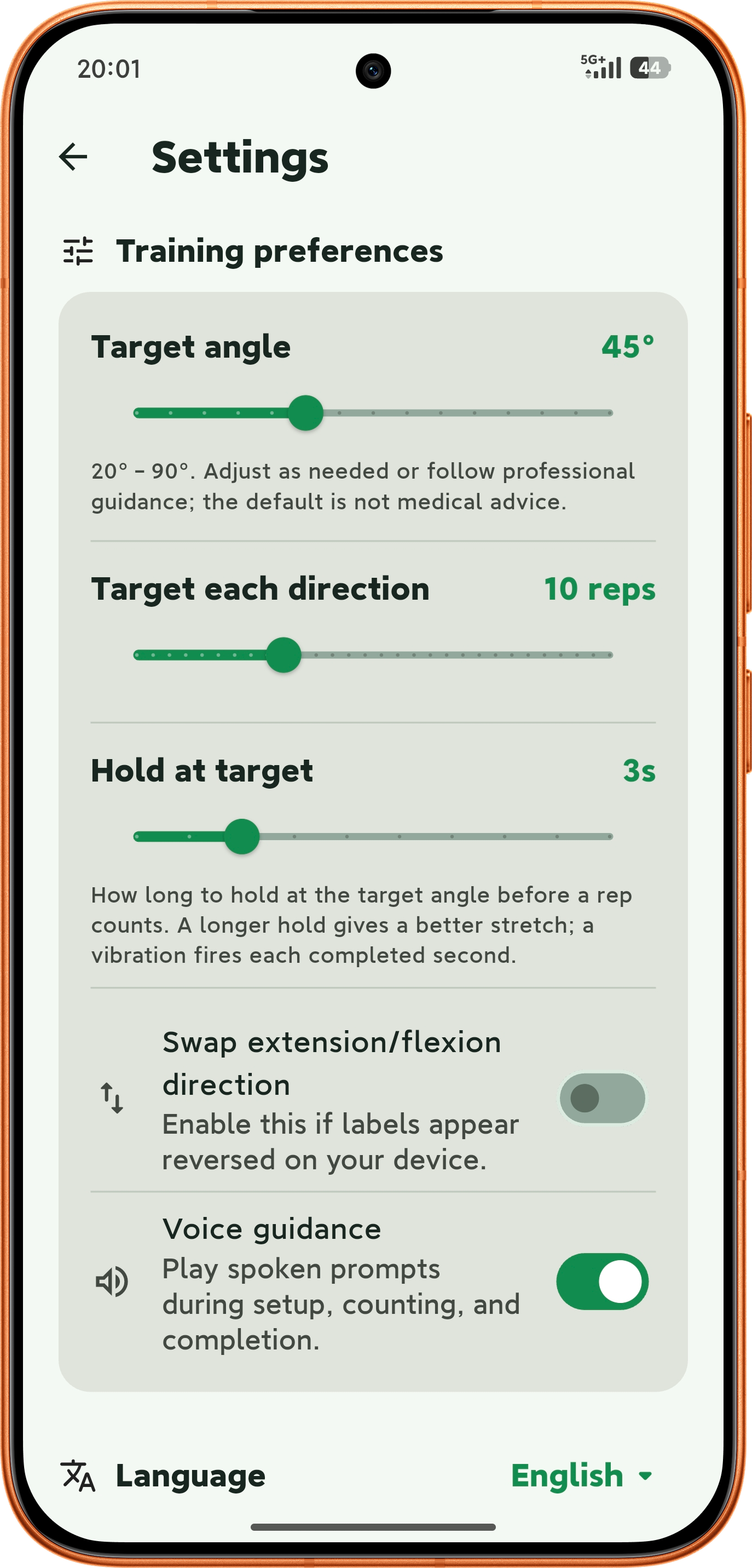 Wrist Trainer settings screen with training settings, voice guidance, appearance and language, and about and privacy